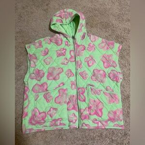 Green & Pink Flower Sleeveless Baggy Jacket